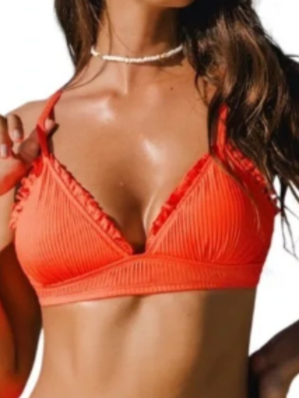 NEW - Cupshe - Alegria Ruffle Triangle Ribbed Bikini Swim Top - ORANGE